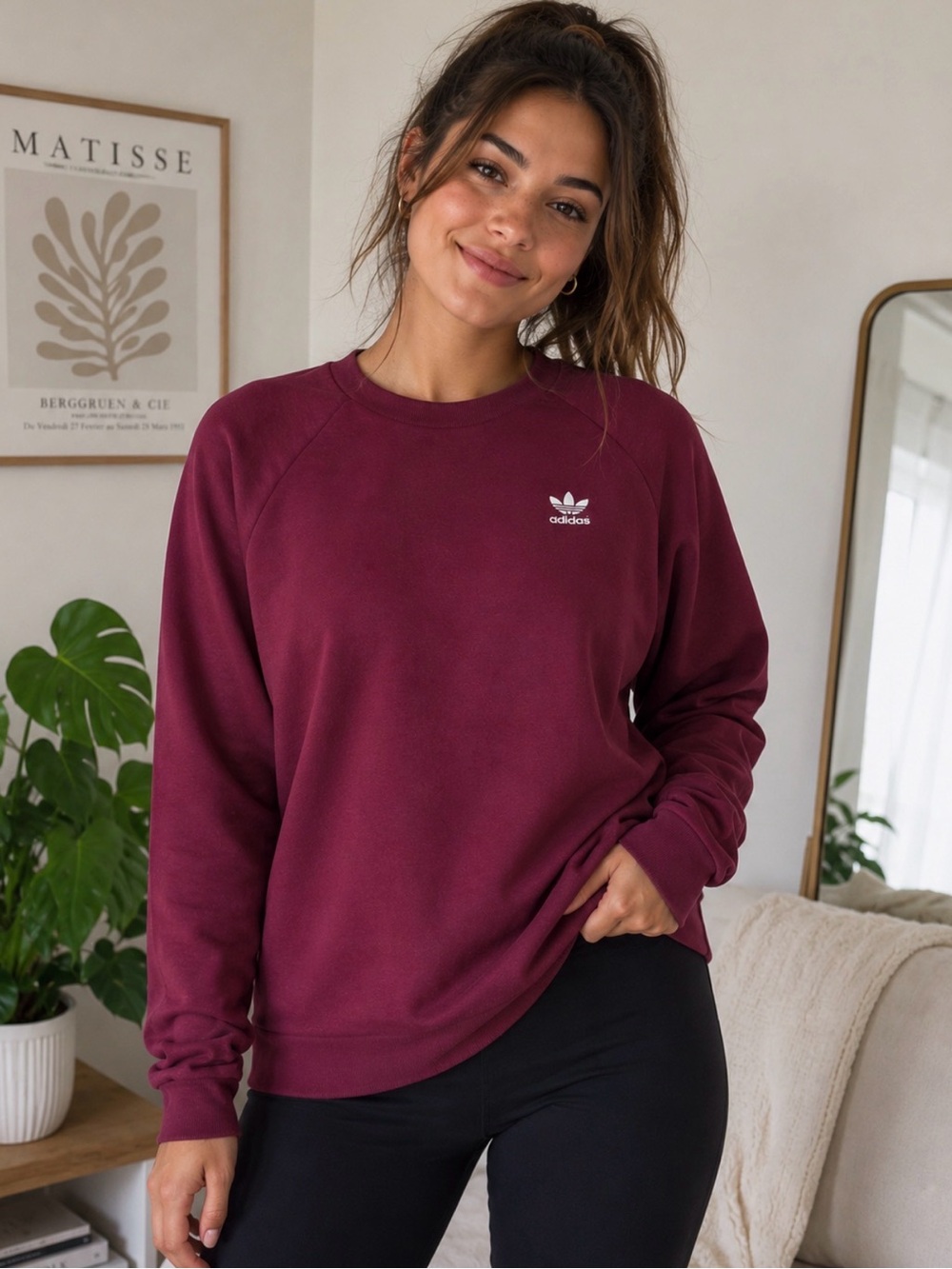 adidas Burgundy Crewneck Sweatshirt with Trefoil Logo - Picture 1 of 1